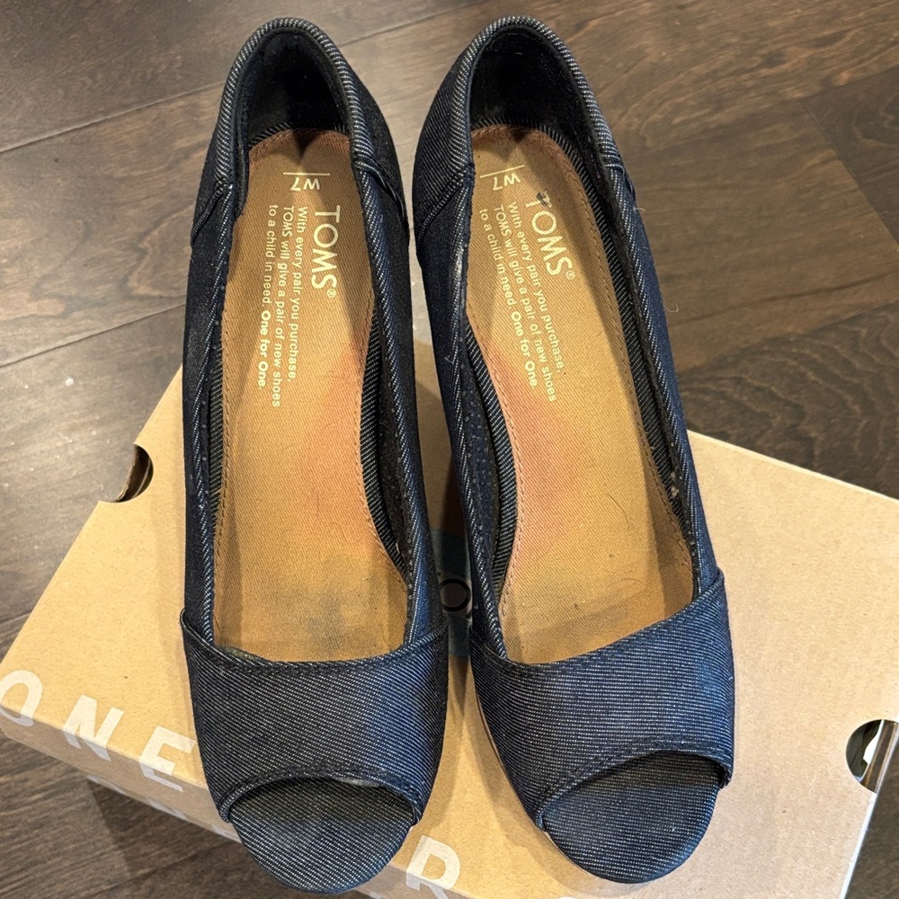 Toms Black Denim Cork Wedges - Picture 2 of 4